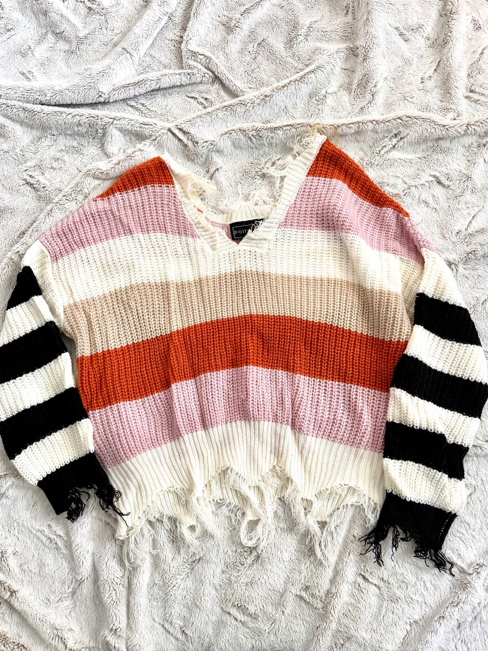 Polly & Esther Grunge Distressed Frayed Block Stripe Knit Sweater M